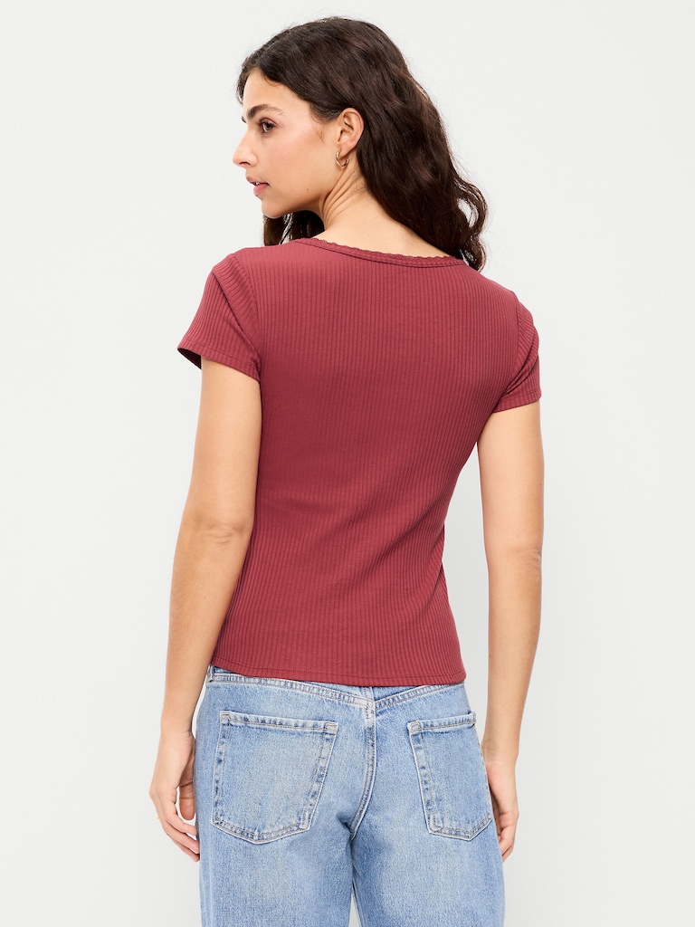 Lace-Trim Sweetheart-Neck Ribbed Top