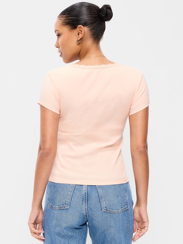 Lace-Trim Sweetheart-Neck Ribbed Top