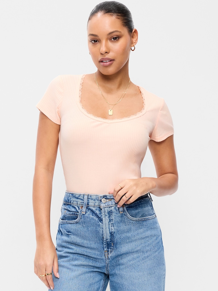 Lace-Trim Sweetheart-Neck Ribbed Top