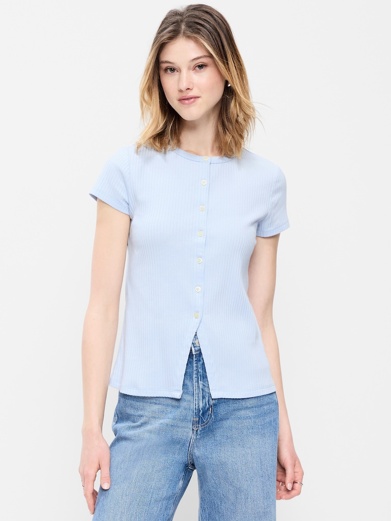 Short-Sleeve Ribbed Button-Down Top
