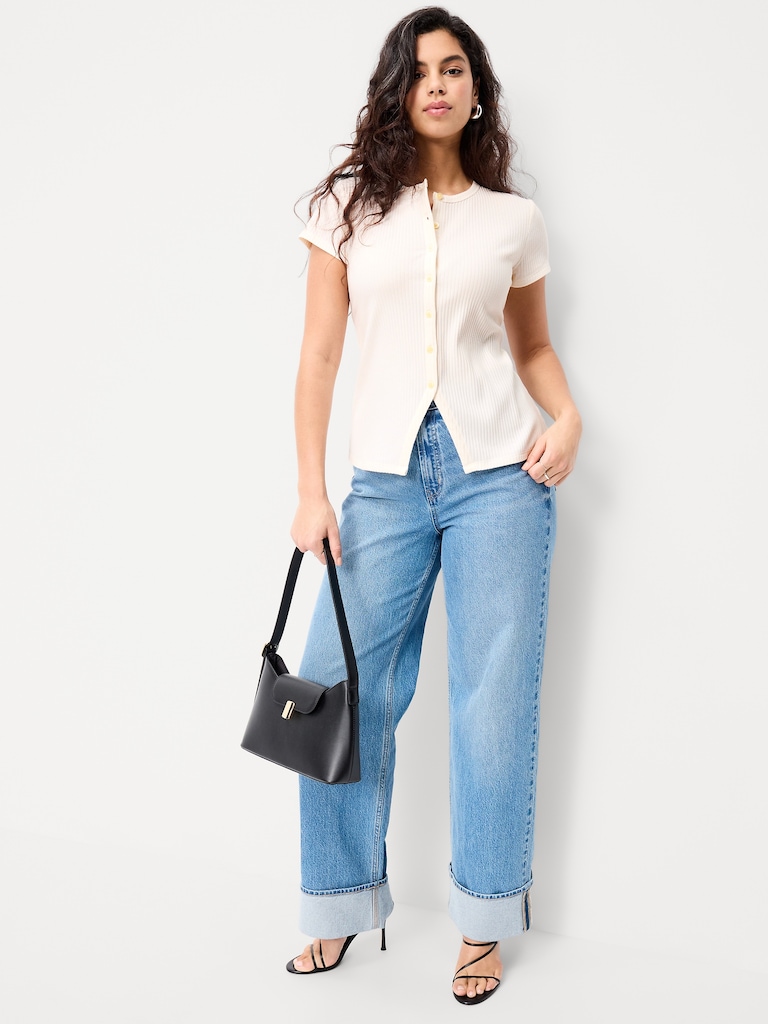 Short-Sleeve Ribbed Button-Down Top