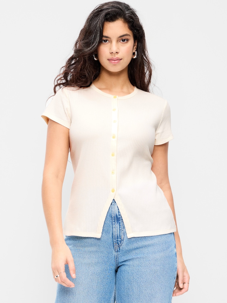 Short-Sleeve Ribbed Button-Down Top