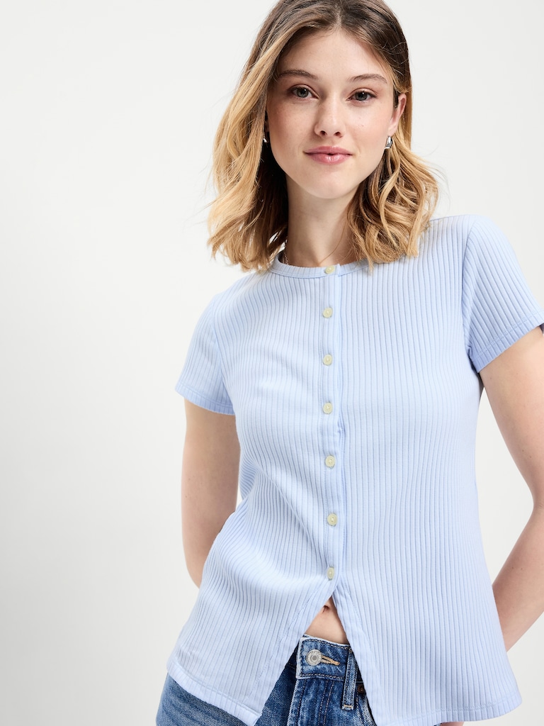Short-Sleeve Ribbed Button-Down Top