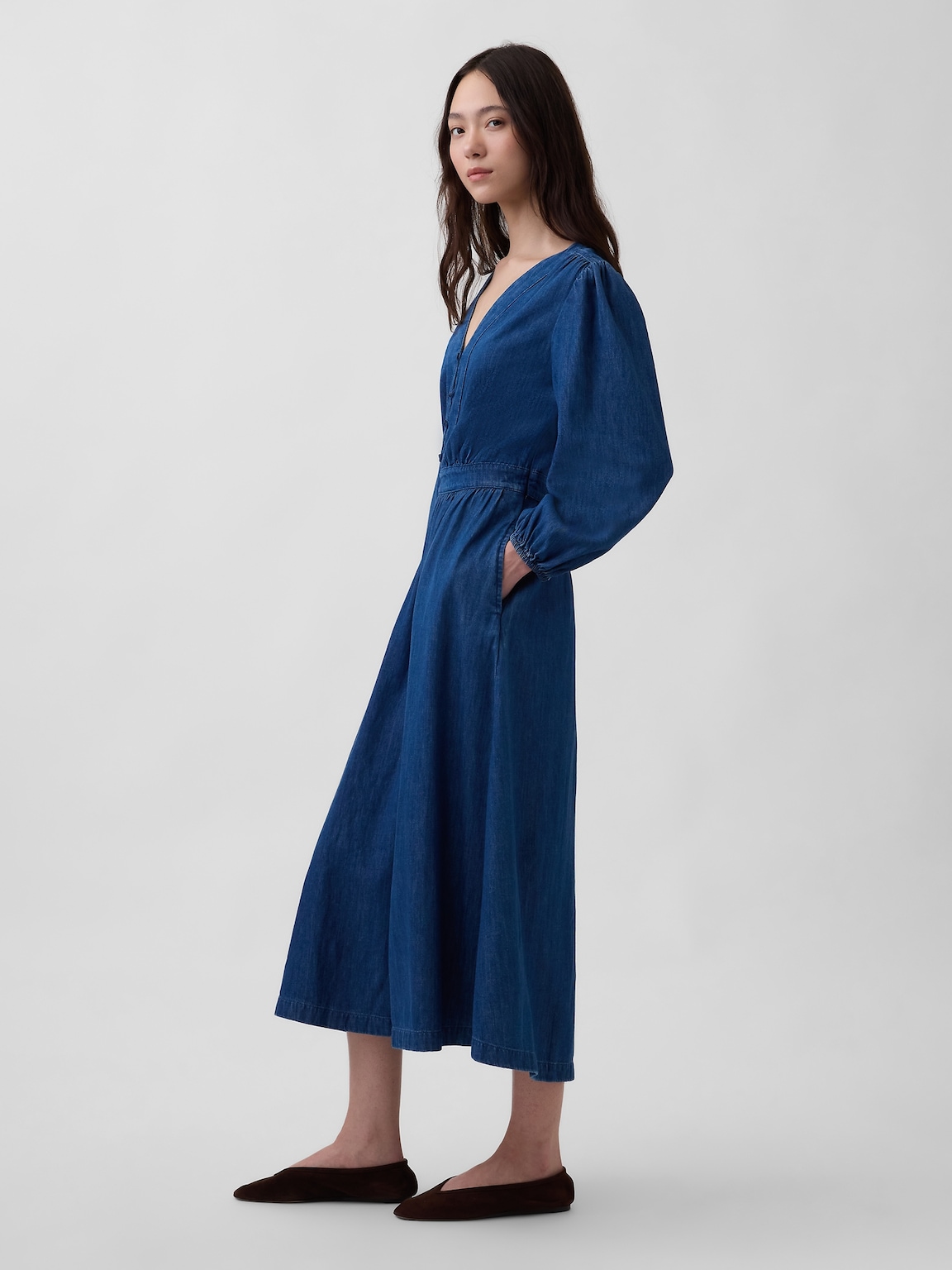 Denim Pieced-Waist Midi Dress