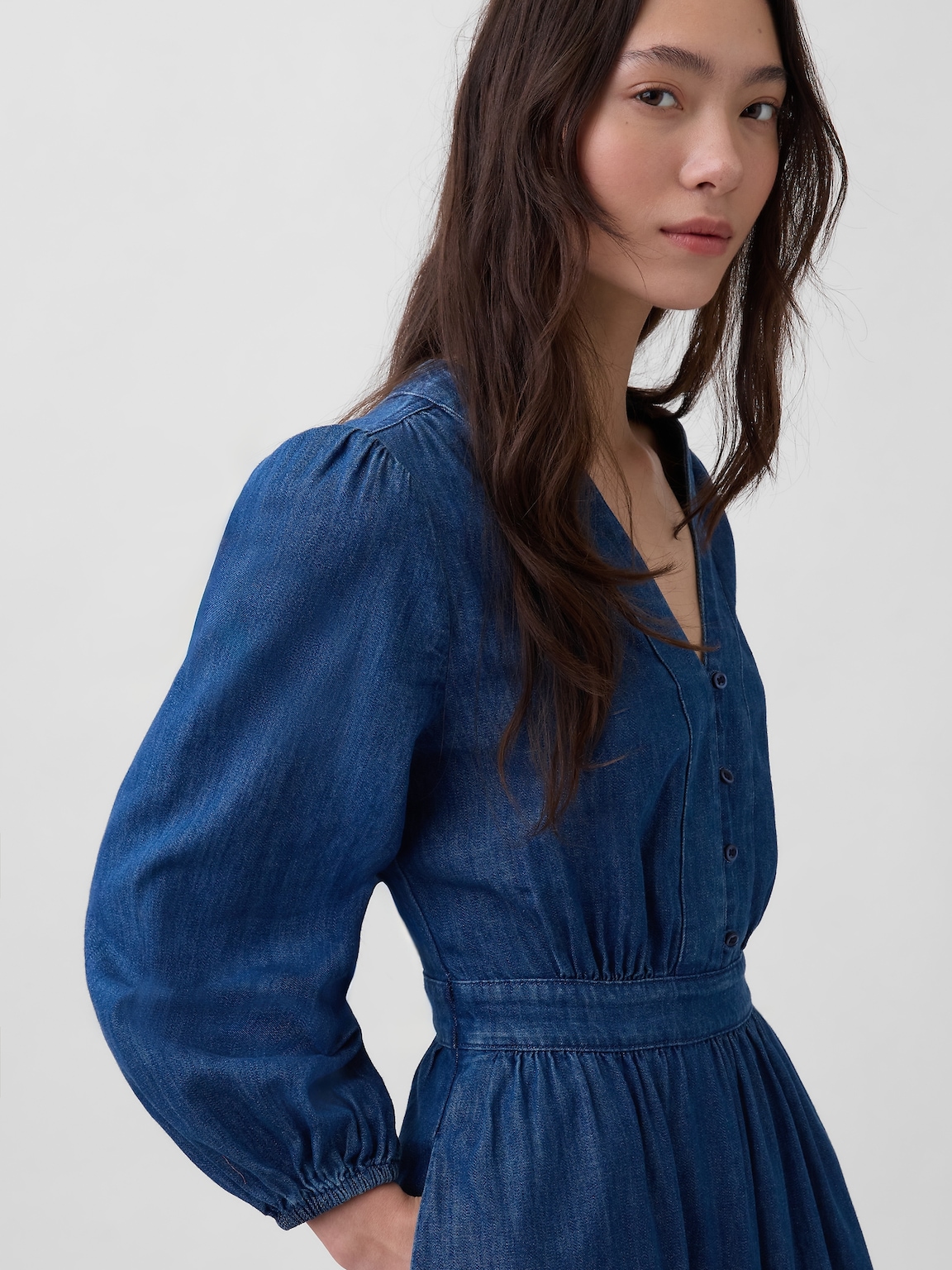Denim Pieced-Waist Midi Dress