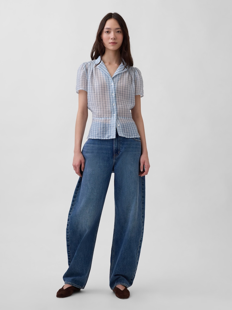 Sheer Button-Front Peplum Top