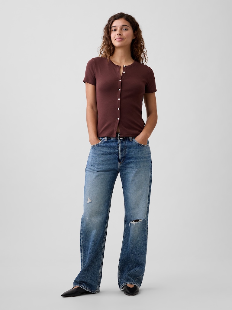 Ribbed Button-Up Top