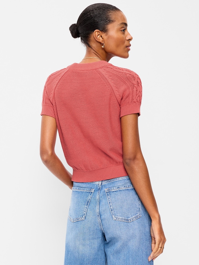 Seaside Cotton Short-Sleeve Cable-Knit Cropped Sweater
