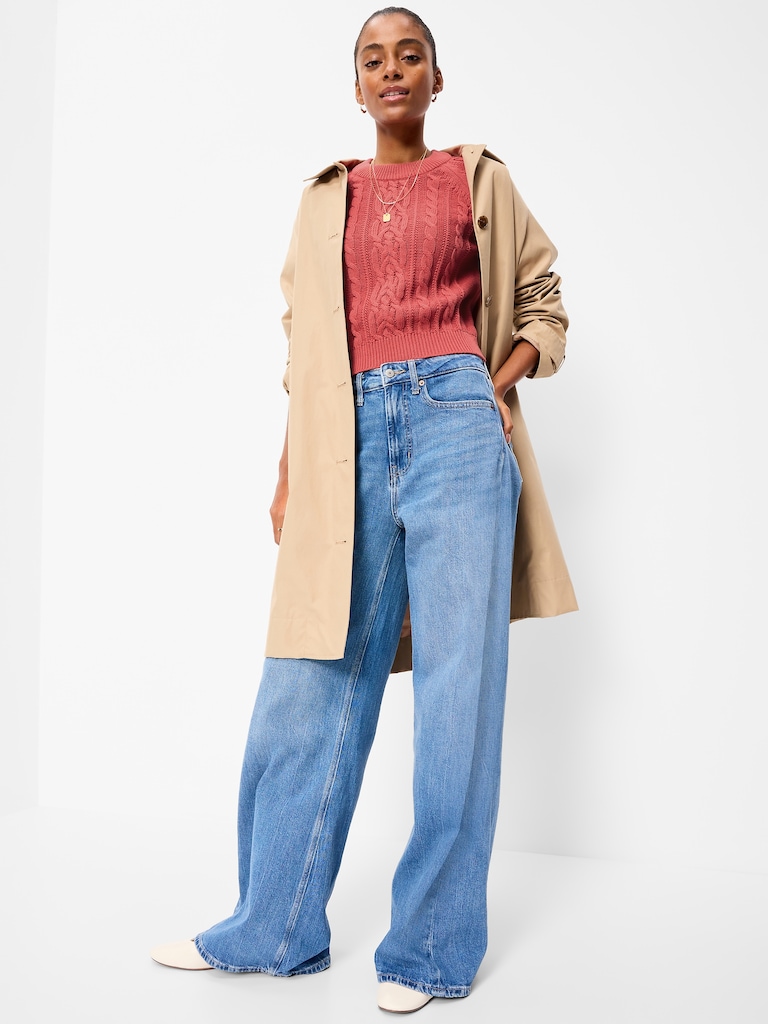 Seaside Cotton Short-Sleeve Cable-Knit Cropped Sweater