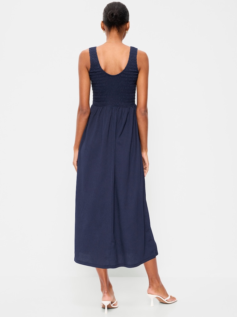 Fit & Flare Sleeveless Smocked-Bodice Midi Dress