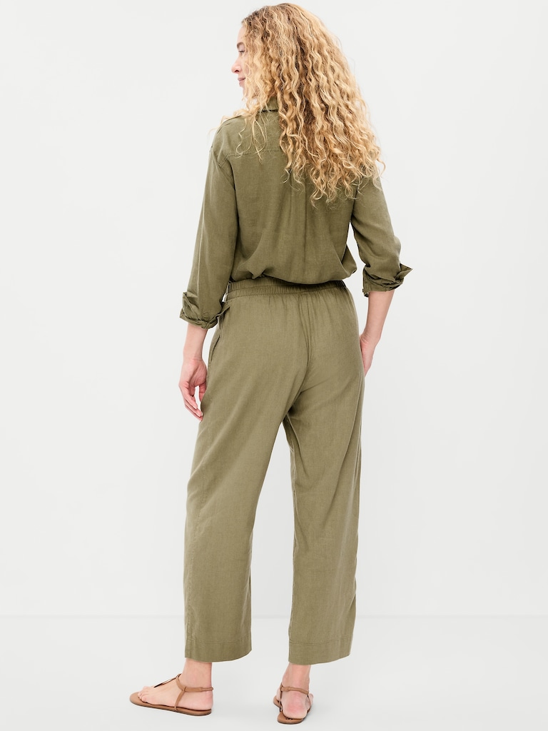 High-Waisted Linen-Blend Straight Ankle Pants