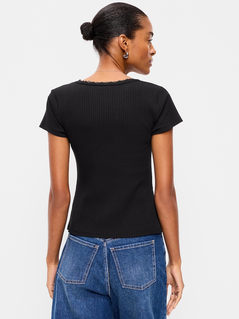 Lace-Trim Sweetheart-Neck Ribbed Top