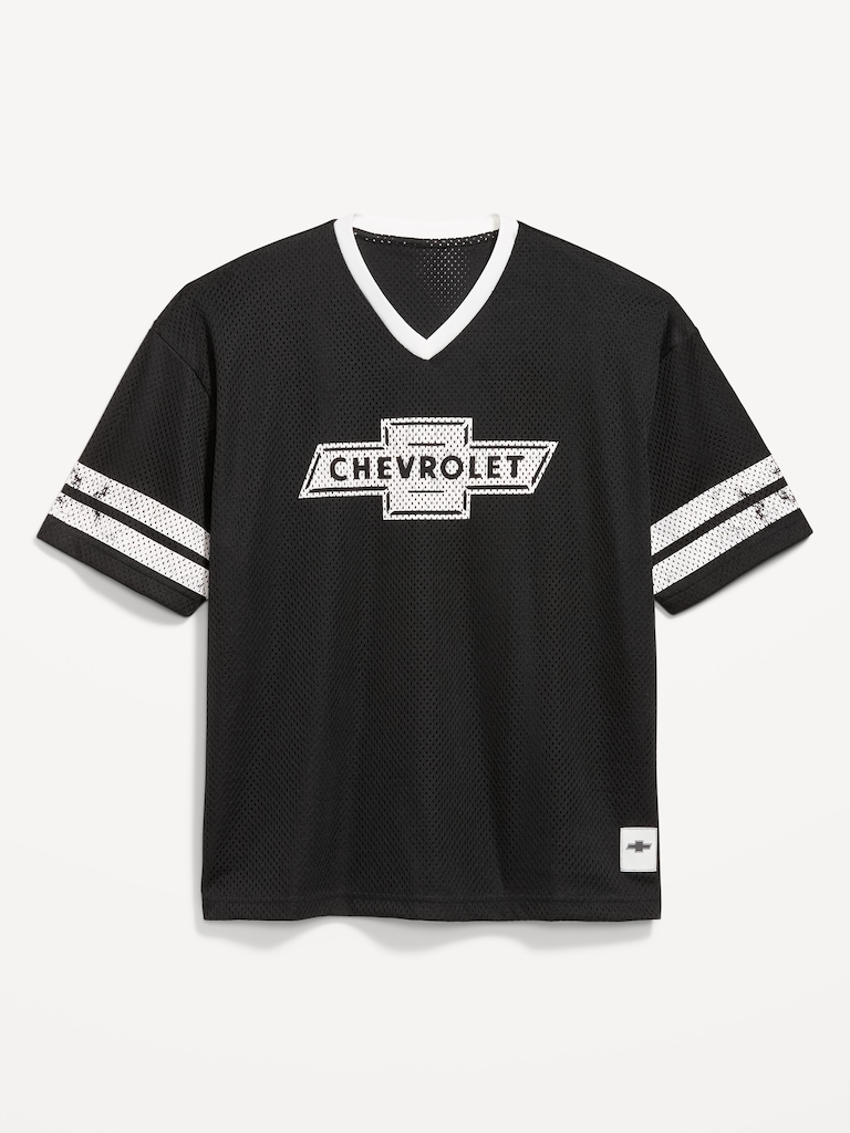 Licensed Graphic Cropped Mesh V-Neck T-Shirt