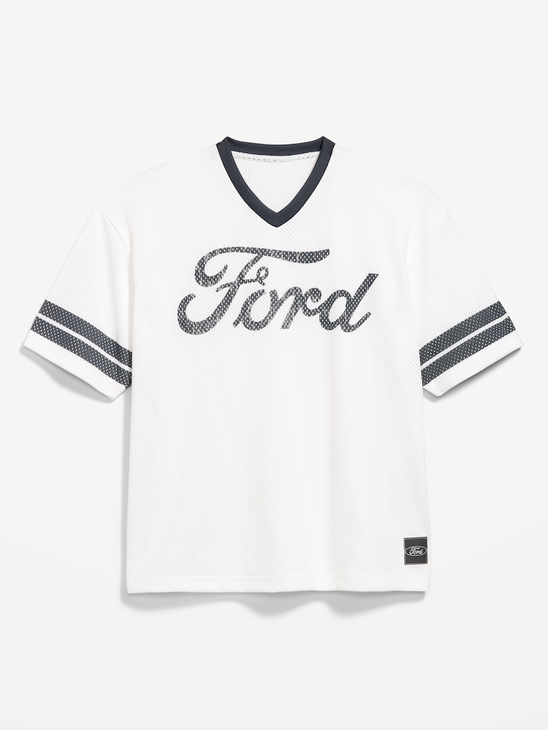 Licensed Graphic Cropped Mesh V-Neck T-Shirt