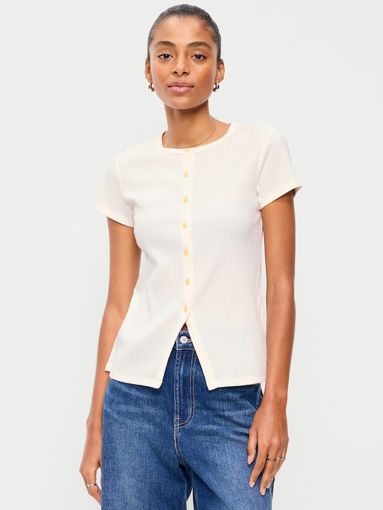 Short-Sleeve Ribbed Button-Down Top