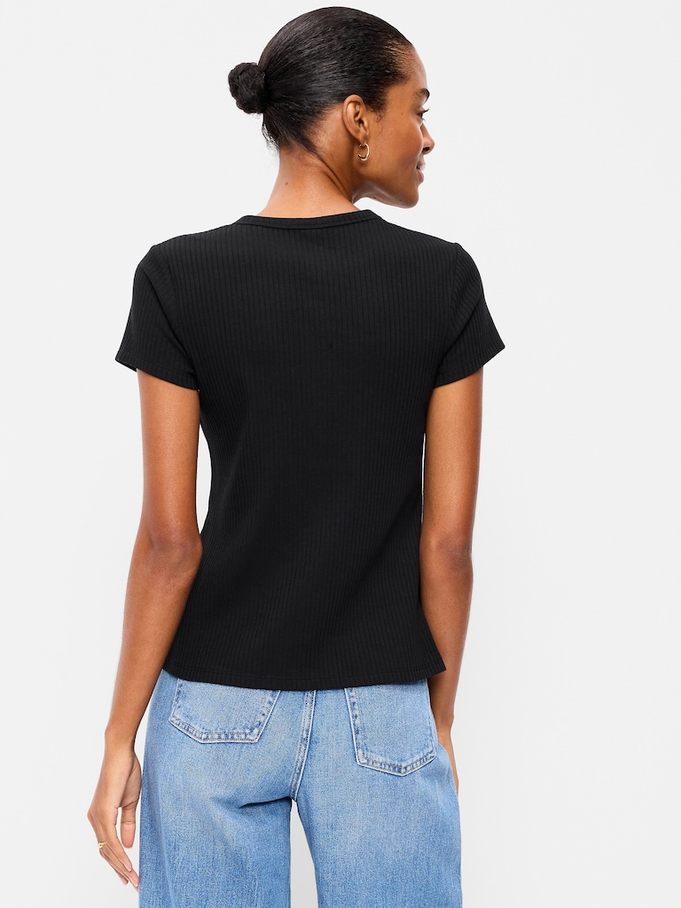 Short-Sleeve Ribbed Button-Down Top