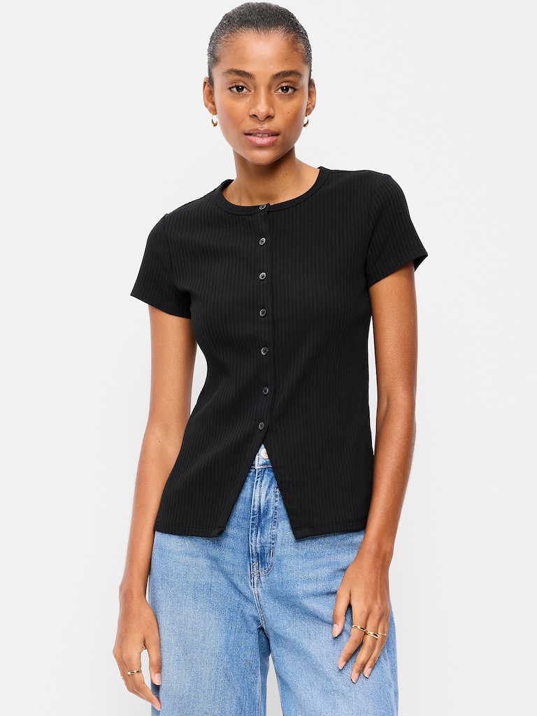 Short-Sleeve Ribbed Button-Down Top