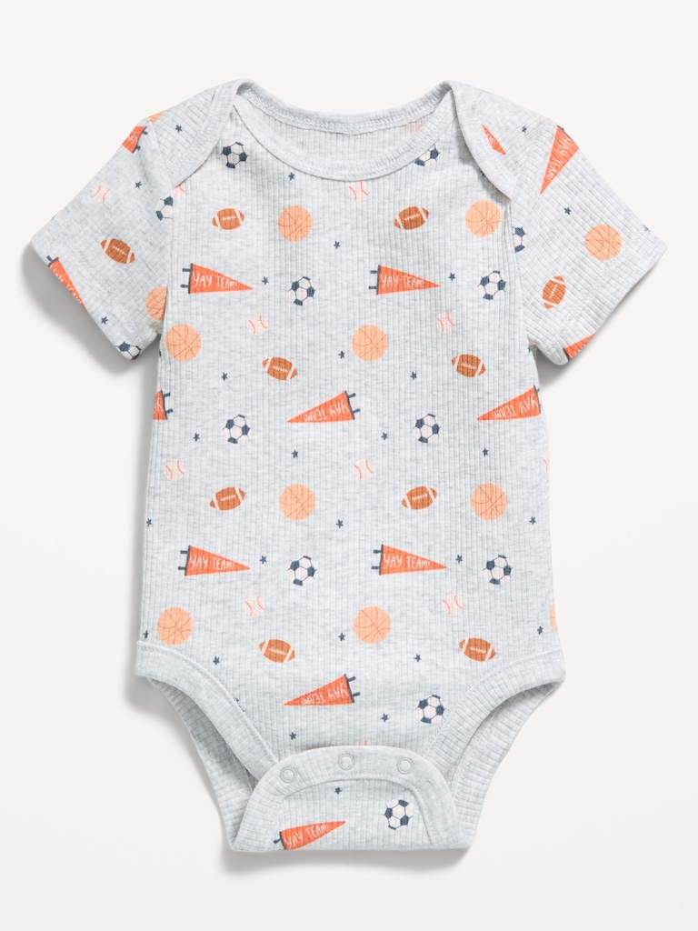 Printed Short-Sleeve Ribbed Unisex Bodysuit for Baby