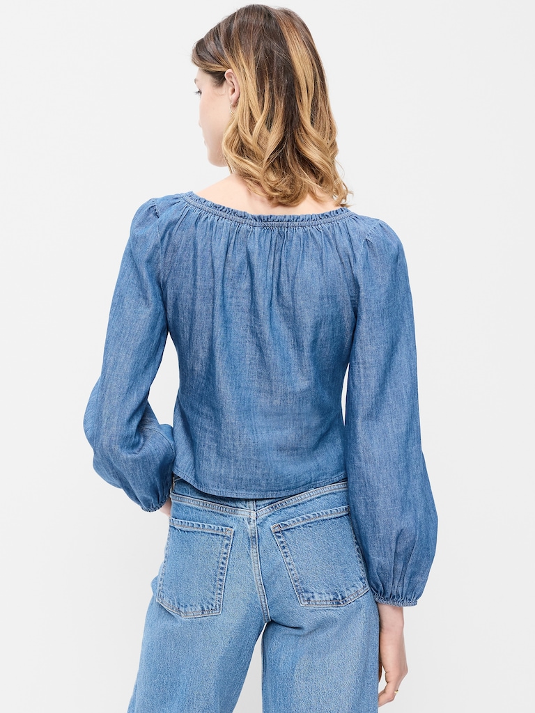 Long-Sleeve Button-Down Jean Top