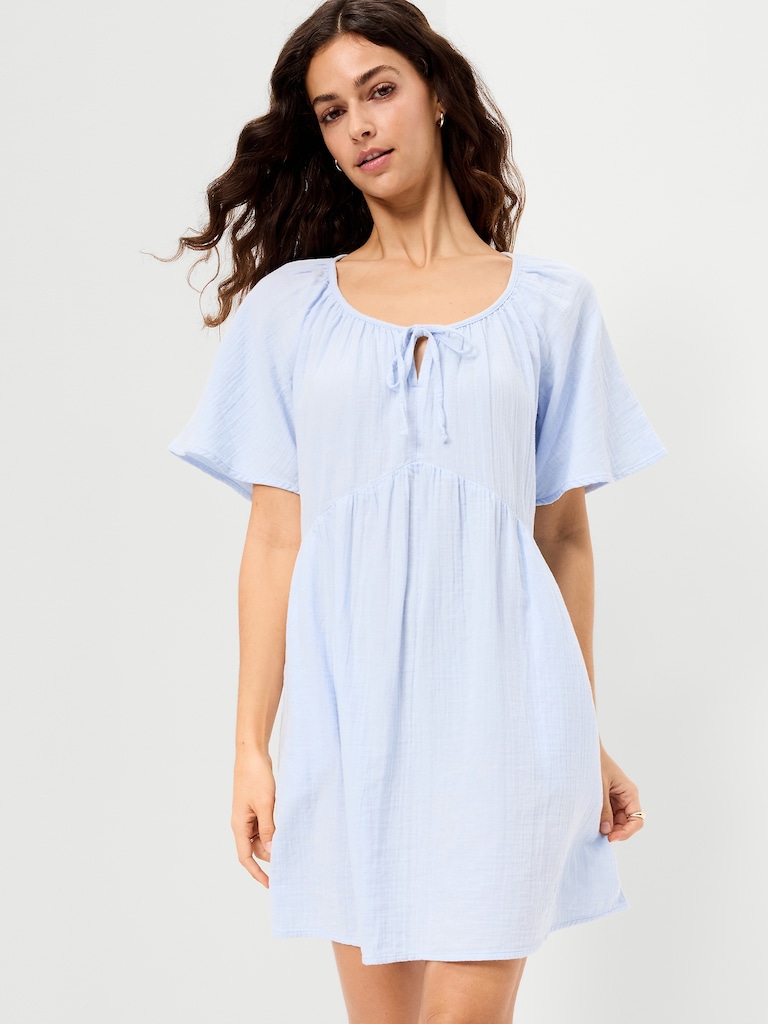 Crinkle Gauze Flutter-Sleeve Mini Swing Dress