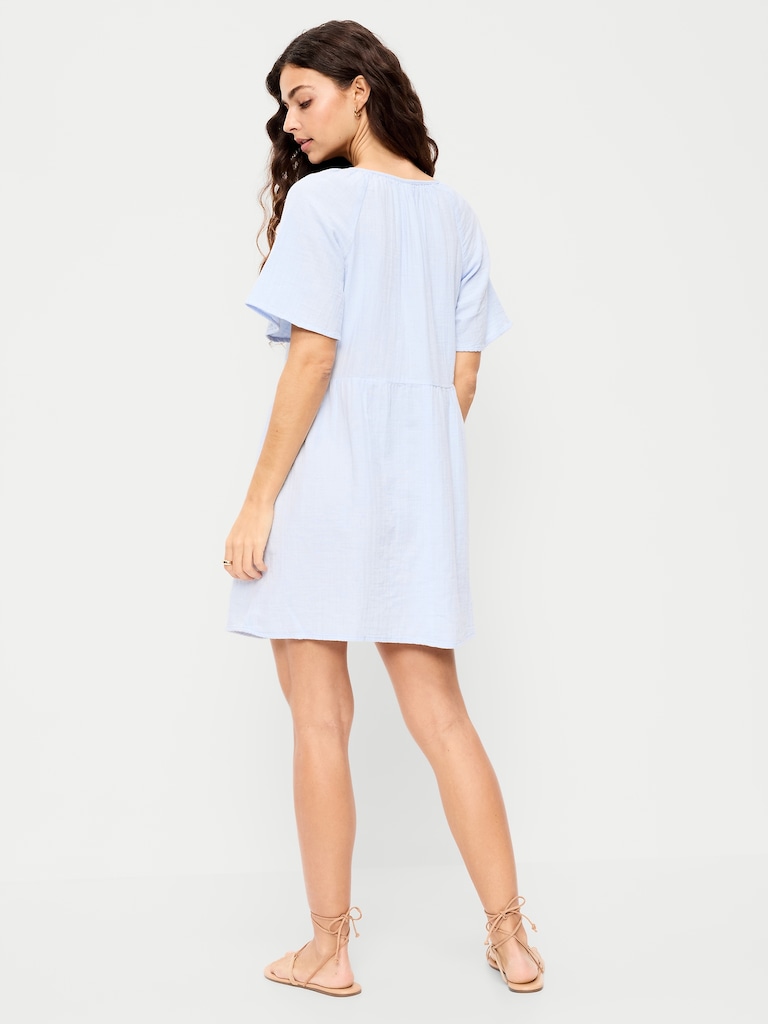 Crinkle Gauze Flutter-Sleeve Mini Swing Dress