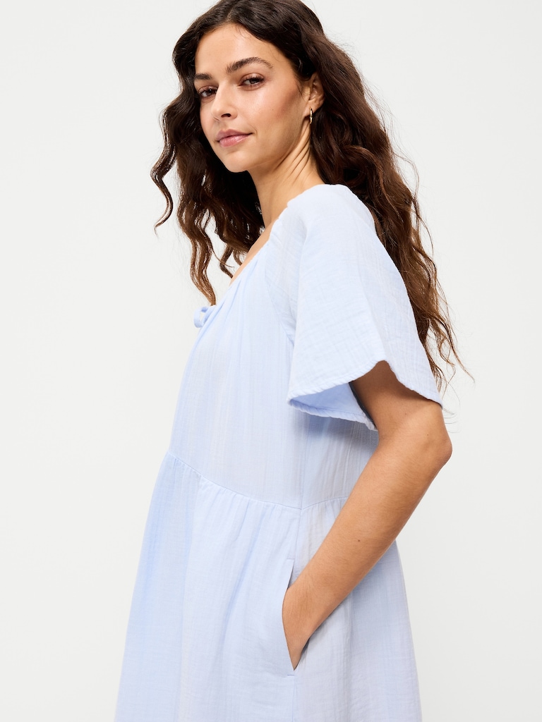 Crinkle Gauze Flutter-Sleeve Mini Swing Dress