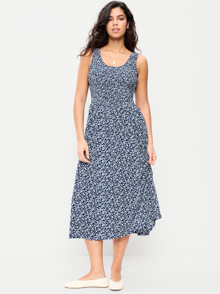 Fit & Flare Sleeveless Smocked-Bodice Midi Dress