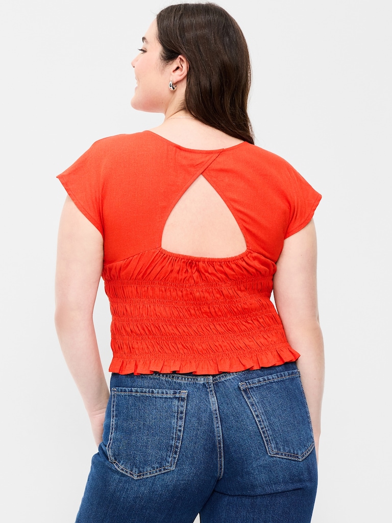 Linen-Blend Short-Sleeve Smocked Top