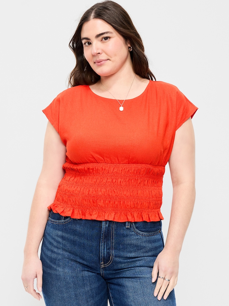 Linen-Blend Short-Sleeve Smocked Top