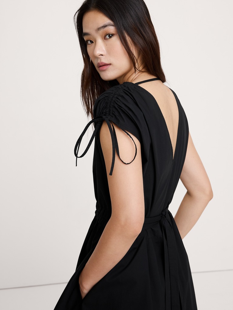 Poplin Ruched-Shoulder Maxi Dress