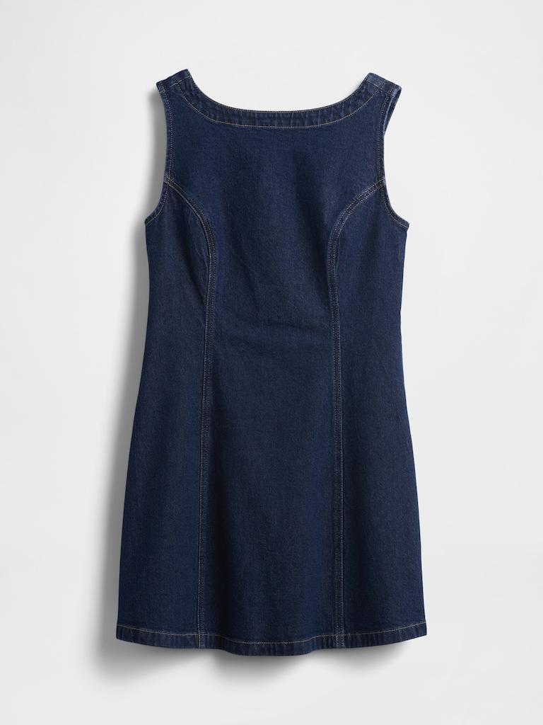 Denim Boatneck Open-Back Mini Dress