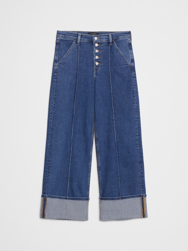 High-Rise Wide-Leg Pintuck Cuffed Jean