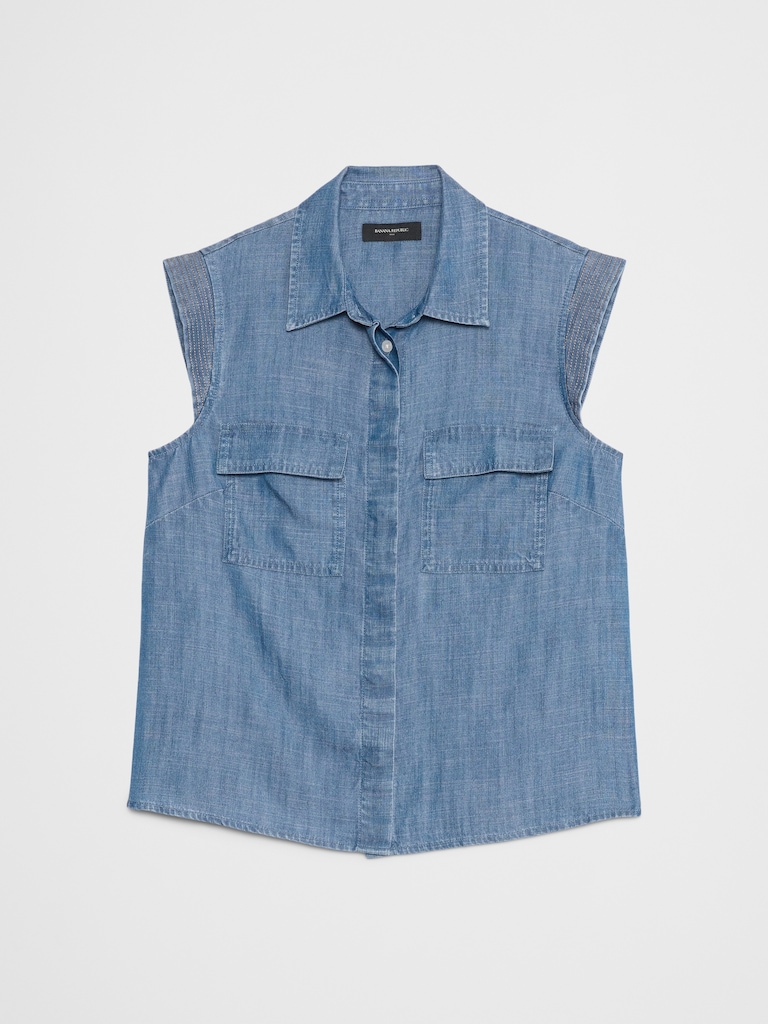 Denim Trapunto Cap-Sleeve Shirt