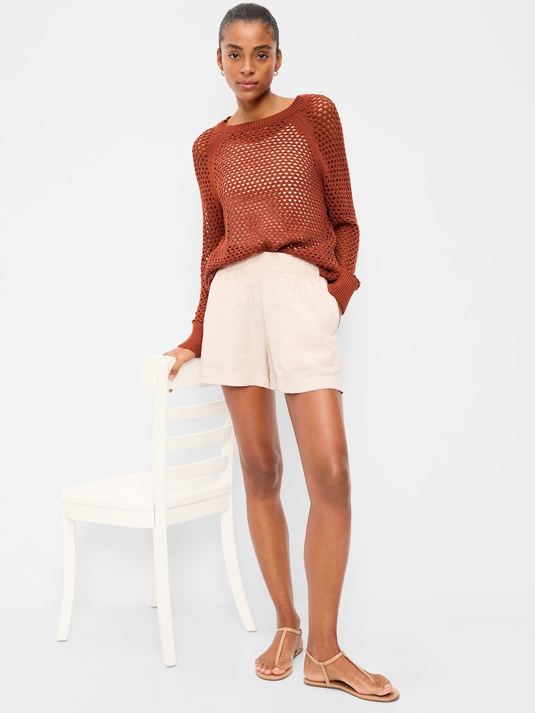 Seaside Cotton Open-Knit Raglan Sweater