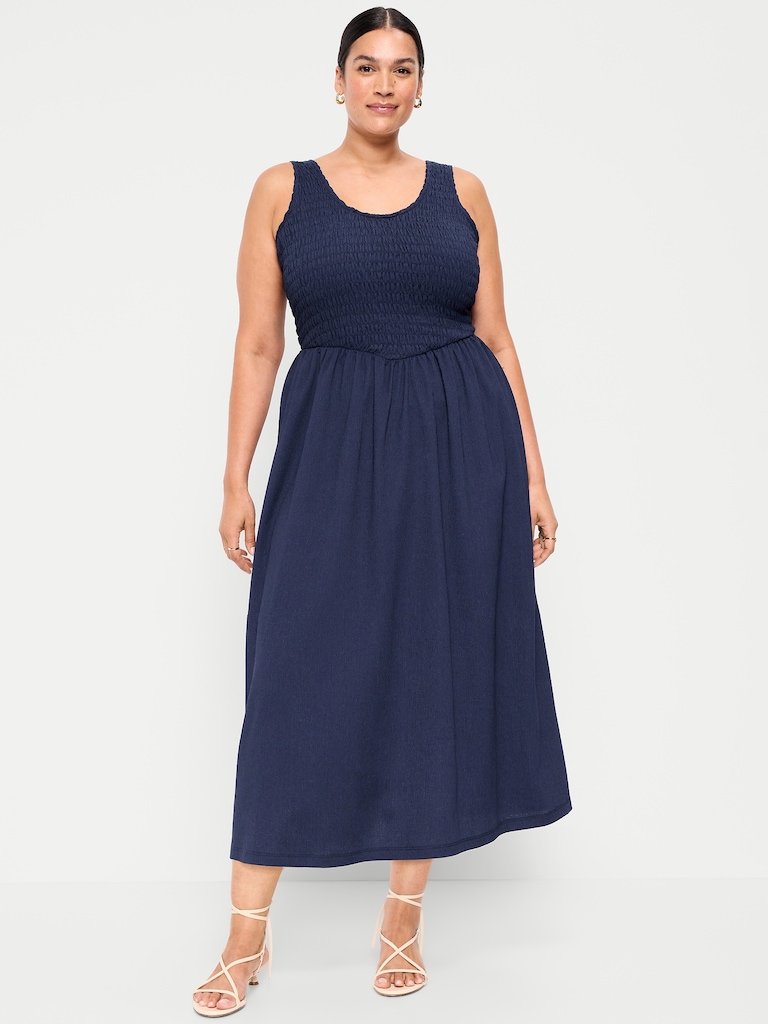Fit & Flare Sleeveless Smocked-Bodice Midi Dress