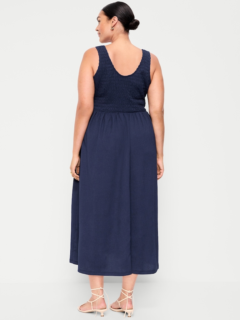 Fit & Flare Sleeveless Smocked-Bodice Midi Dress