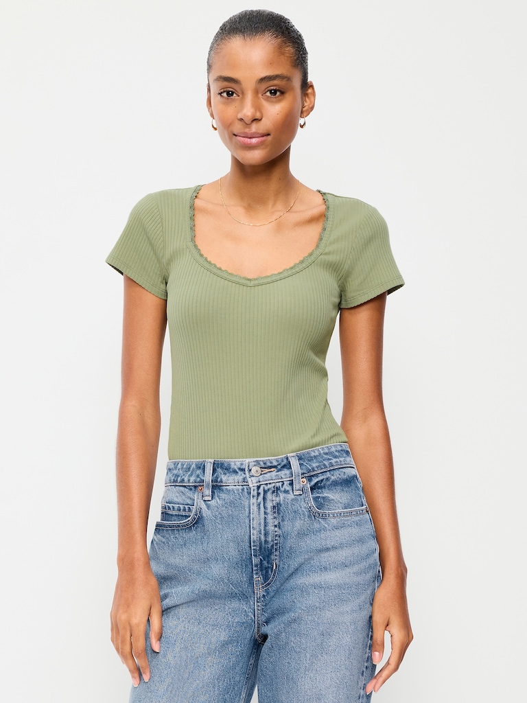 Lace-Trim Sweetheart-Neck Ribbed Top