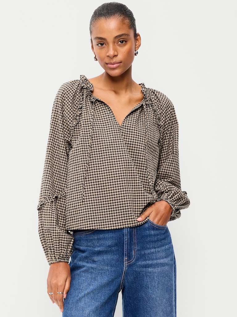 Long-Sleeve Ruffle Trim Top