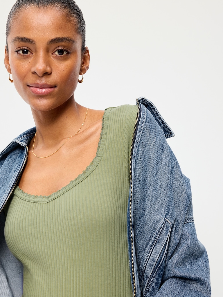 Lace-Trim Sweetheart-Neck Ribbed Top