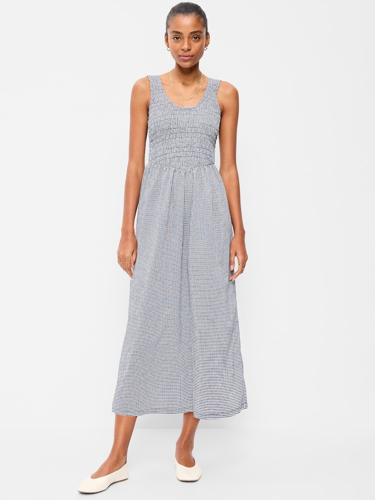 Fit & Flare Sleeveless Smocked-Bodice Midi Dress