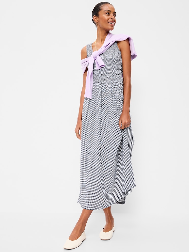 Fit & Flare Sleeveless Smocked-Bodice Midi Dress