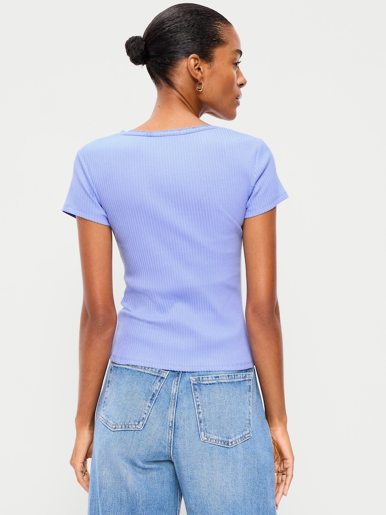 Lace-Trim Sweetheart-Neck Ribbed Top