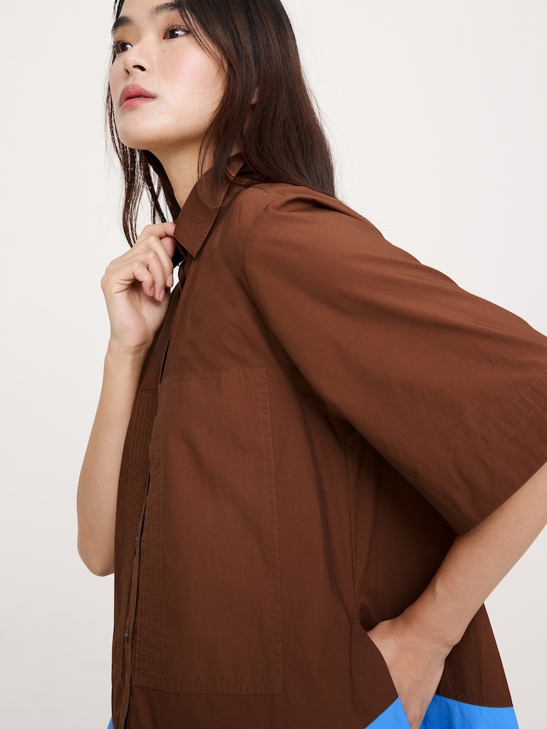 Cotton Poplin Trapeze Mini Shirt Dress