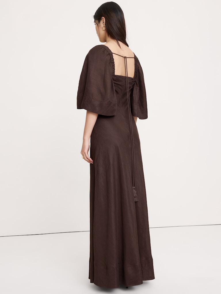 Viscose-Linen Flutter-Sleeve Maxi Dress