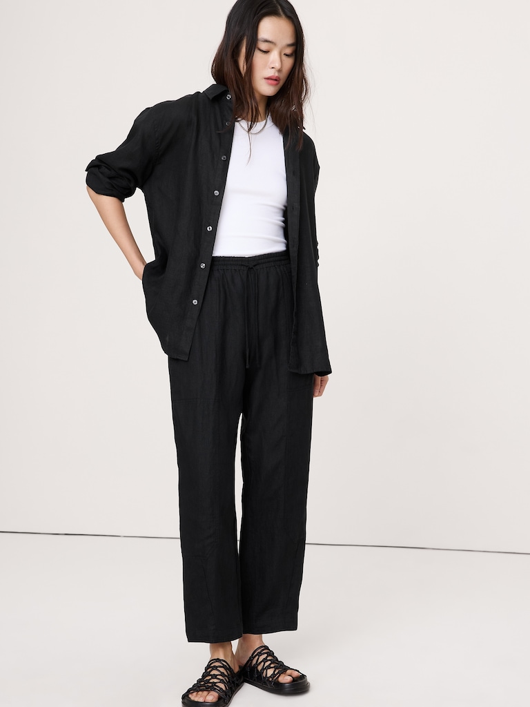 Barrel-Leg Pull-On Pant in Linen