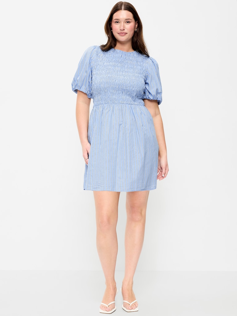 Smocked Puff-Sleeve Flare Mini Dress