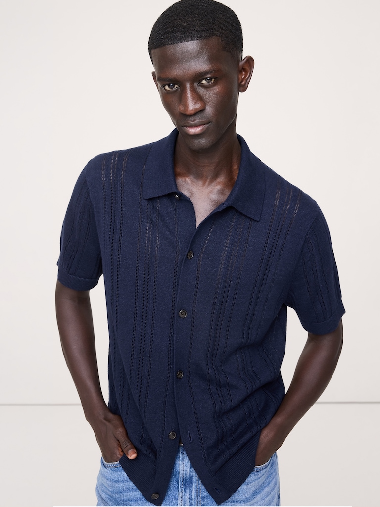 Pointelle Linen-Cotton Polo Cardigan