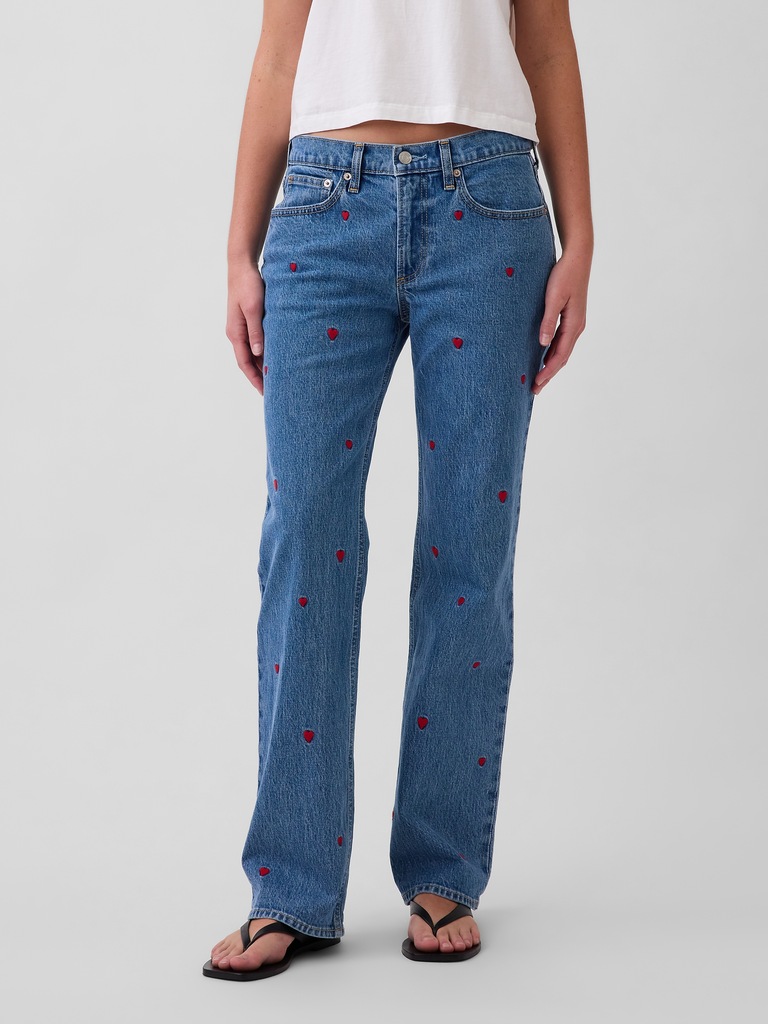Mid Rise Relaxed Embroidered Straight Jeans