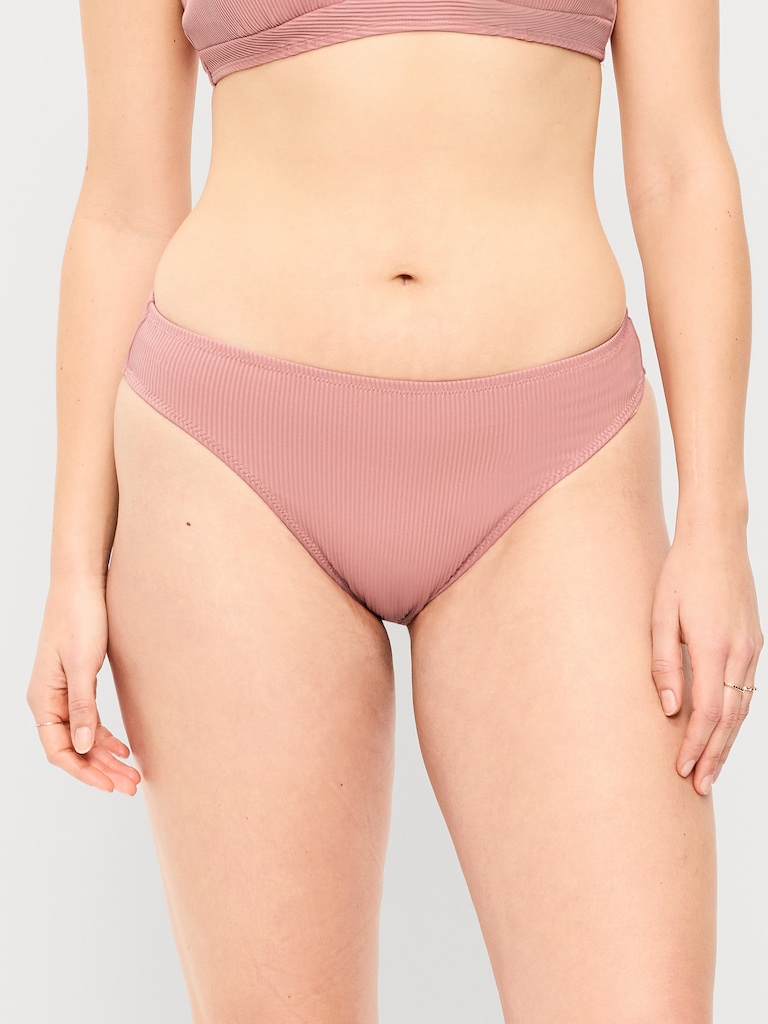 Ribbed Mid-Rise Bikini Swim Bottoms