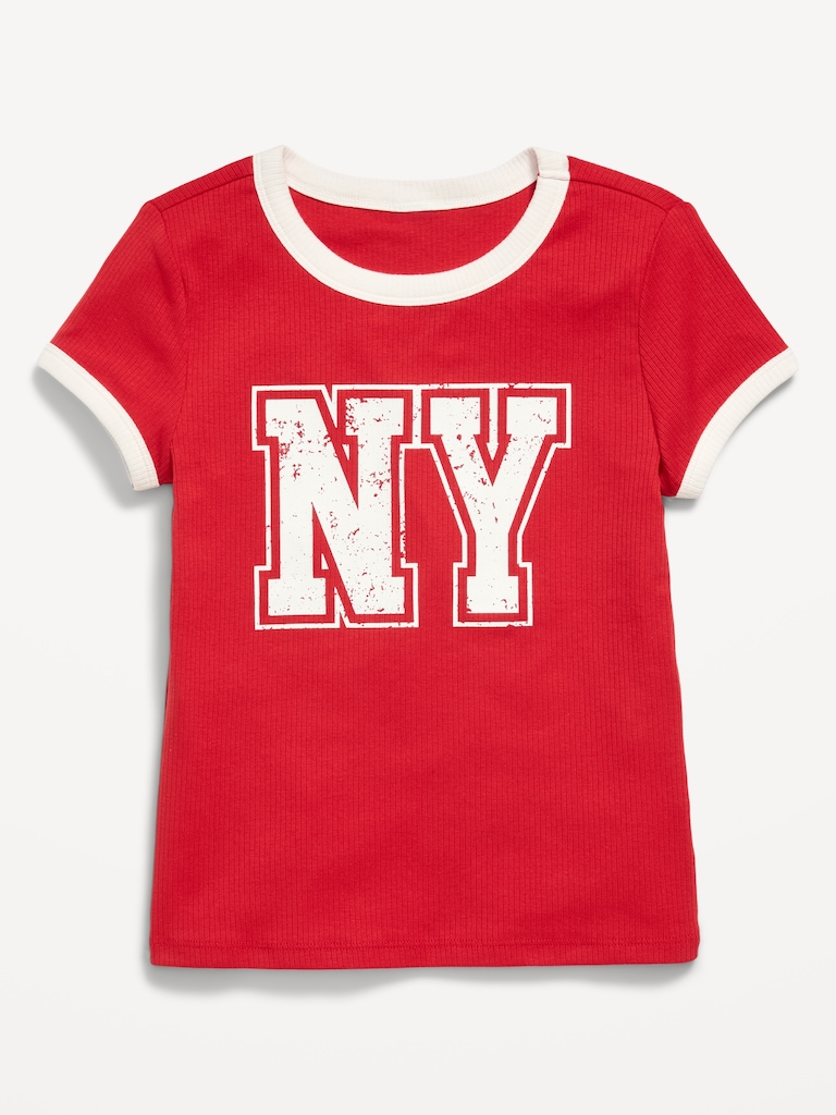Fitted Short-Sleeve Ribbed Graphic Ringer T-Shirt for Girls
